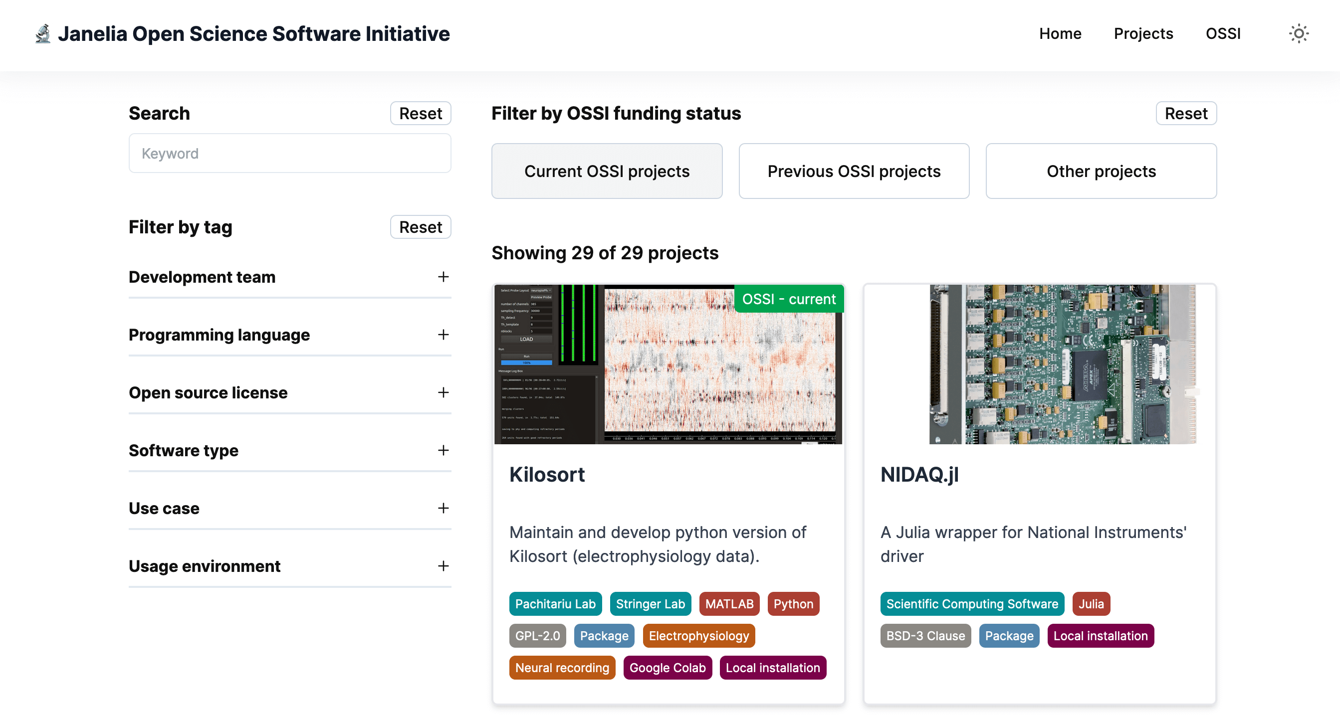Screenshot of the HHMI Open Source Science Intiative (OSSI) project page. At the top is the navigation bar with links to home, projects, and OSSI, and a theme toggle button. Beneath this, on the left, is a keyword search input. To the right of this are buttons to filter by OSSI funding status. Beneath the keyword search input is a menu of tags by which to filter projects. Finally, to the right of the filter menu and beneath the funding status buttons, are two project cards.