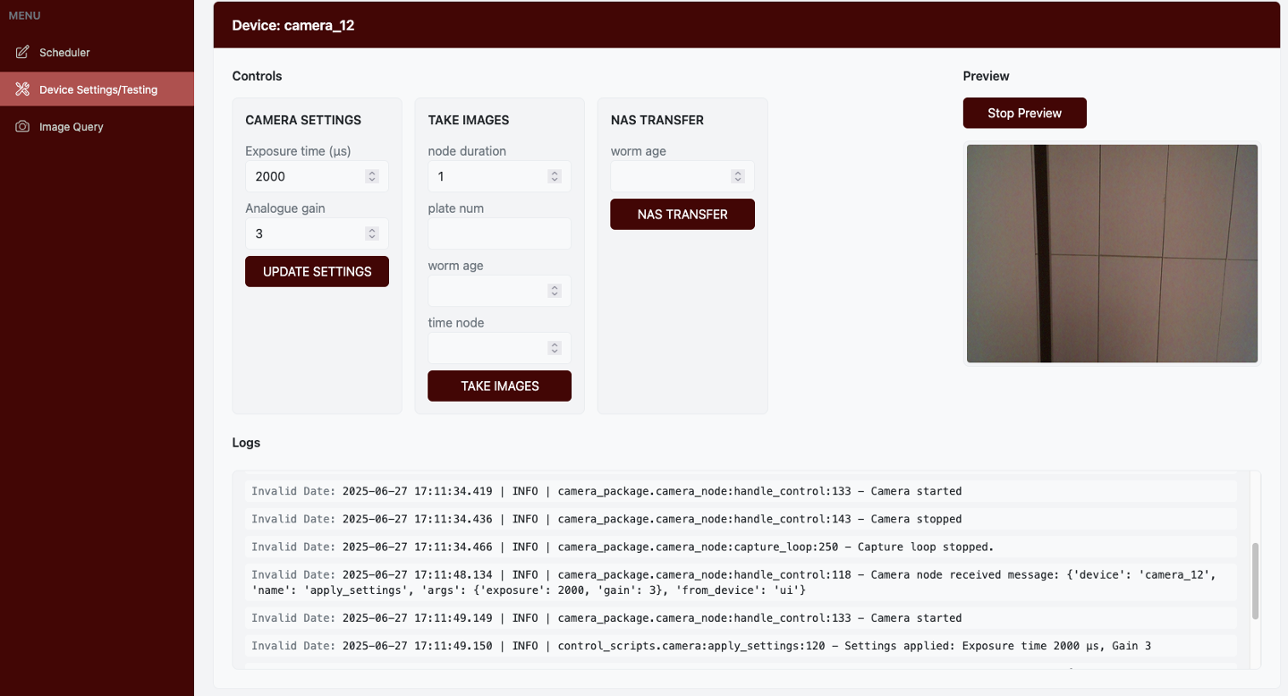 Screenshot of the device control page in the
              Wormbot user interface. This page allows is automatically
              populated with all device controls exposed by the hardware
              developer. This image shows test inputs for the camera settings,
              taking images, transfering files to the network attached storage
              (NAS), and previewing the current camera view. There is also a log
              section at the bottom of the screen.